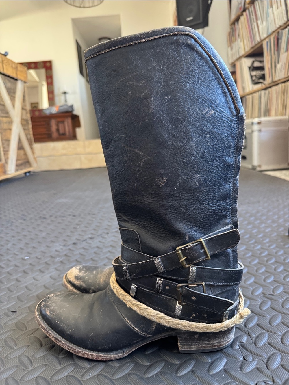 Freebird Drove Distressed Black Leather Mid-Calf Buckle Boots with Rope Accent 9
